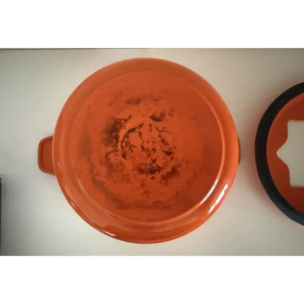 Vintage Orange Enameled Cast Iron Fondue Pot Star Shaped Open Lid Retro MCM